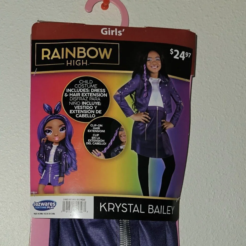 NWT Rainbow High Krystal Bailey Halloween Costume Girls M 7/8 Dress Hair Extens